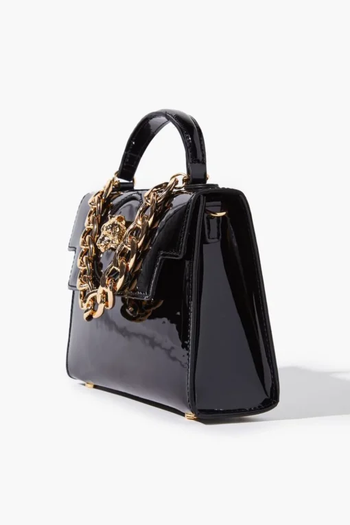 Tiger-Embellished Faux Patent Leather Satchel
