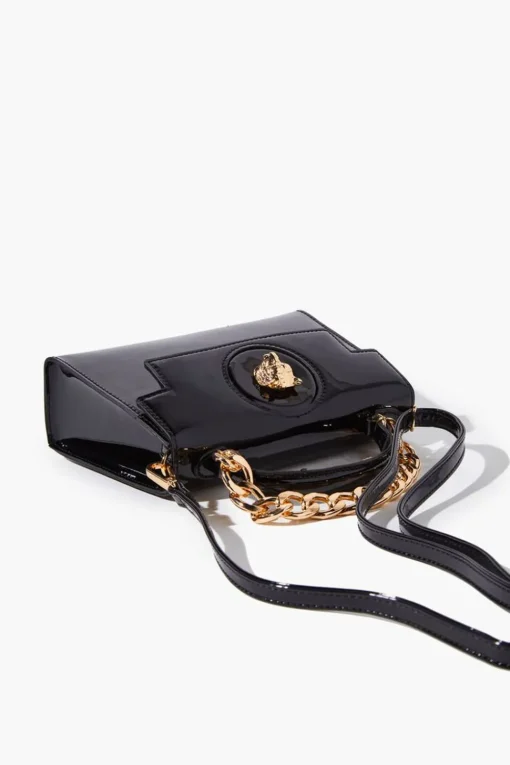 Tiger-Embellished Faux Patent Leather Satchel