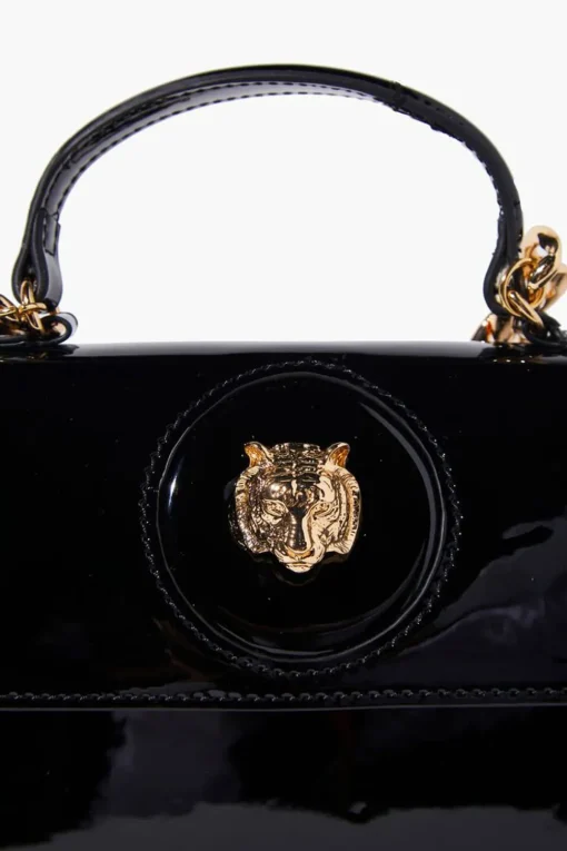 Tiger-Embellished Faux Patent Leather Satchel
