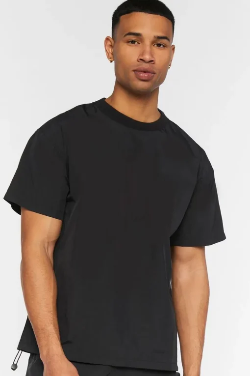 Toggle Drawstring Woven Crew Neck Tee