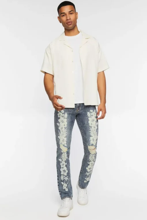 Tropical Floral Distressed Slim-Fit Jeans