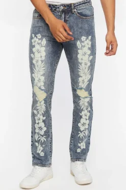 Tropical Floral Distressed Slim-Fit Jeans