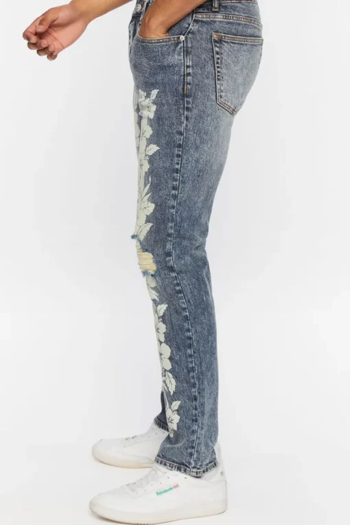 Tropical Floral Distressed Slim-Fit Jeans