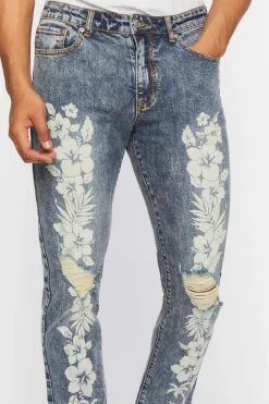 Tropical Floral Distressed Slim-Fit Jeans