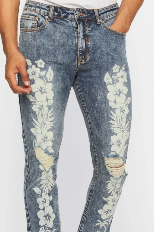Tropical Floral Distressed Slim-Fit Jeans