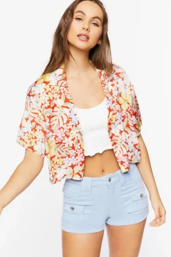 Tropical Floral Print Cropped Shirt