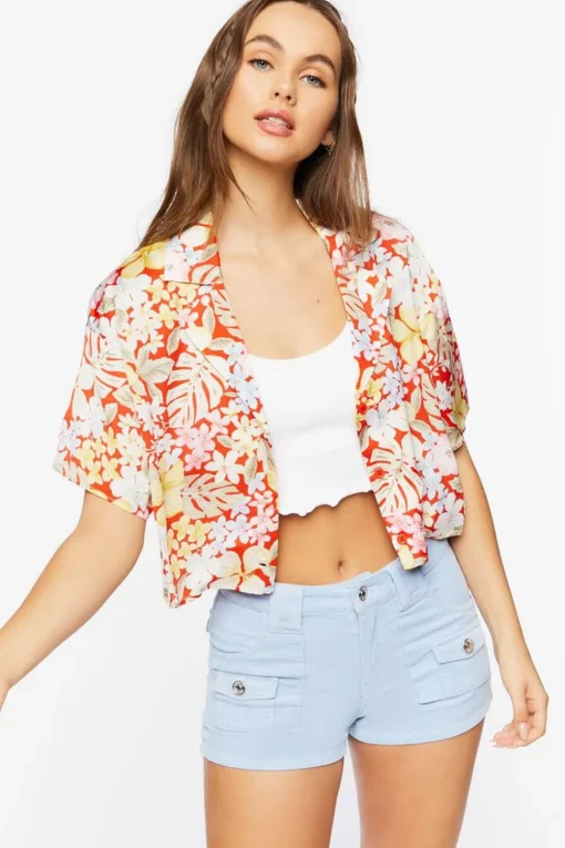 Tropical Floral Print Cropped Shirt