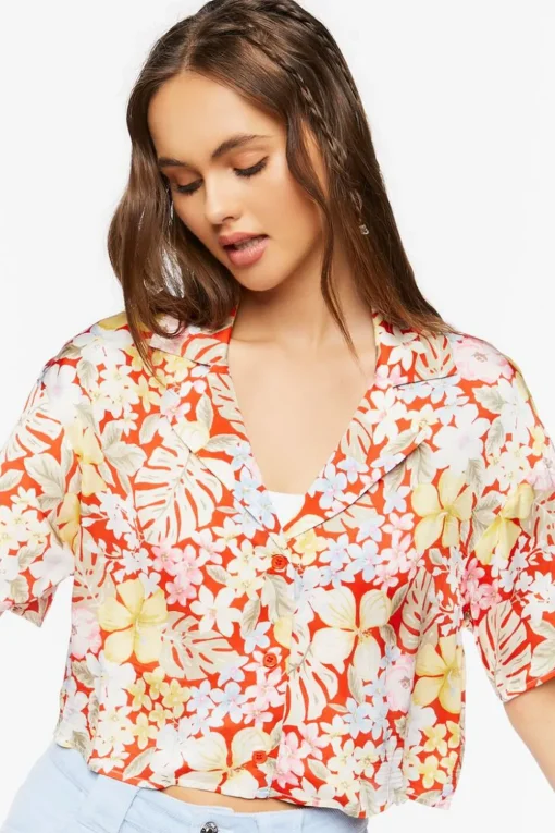 Tropical Floral Print Cropped Shirt