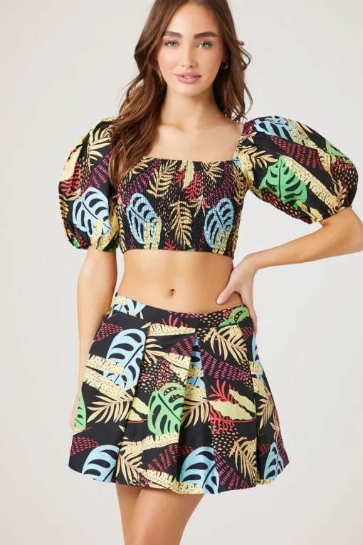 Tropical Leaf Print Mini Skirt