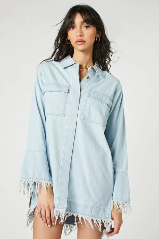 Trumpet-Sleeve Denim Mini Dress