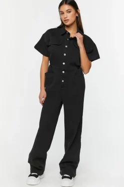Twill Straight-Leg Shirt Jumpsuit