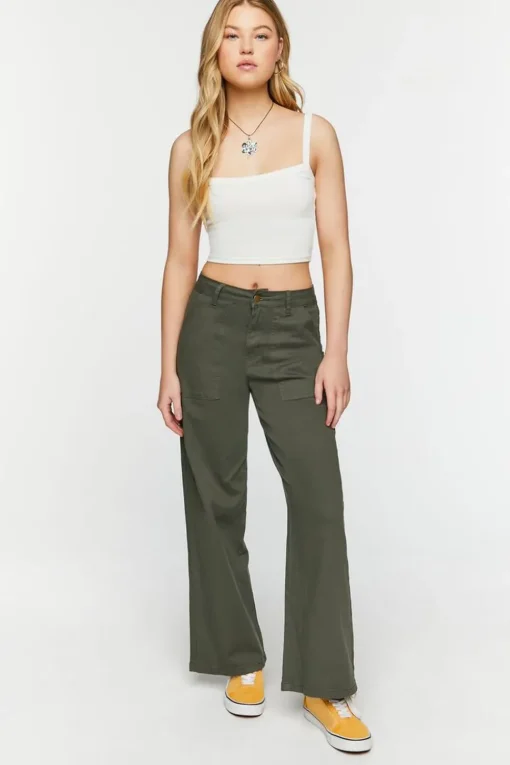 Twill Wide-Leg Utility Pants