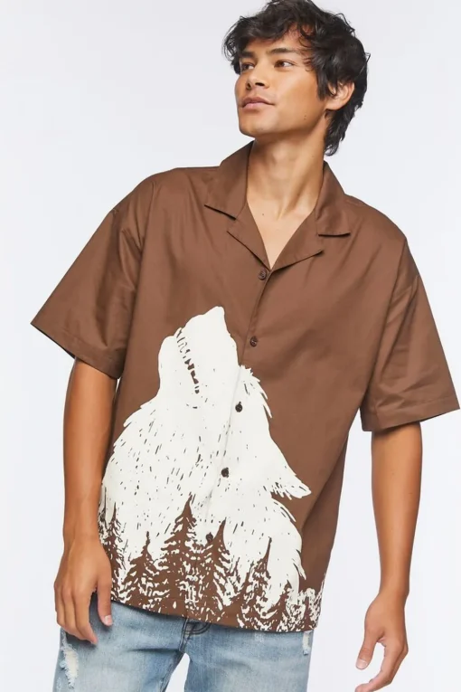 Twill Wolf Graphic Button-Front Shirt
