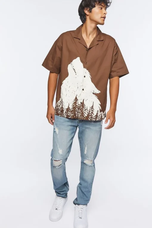 Twill Wolf Graphic Button-Front Shirt