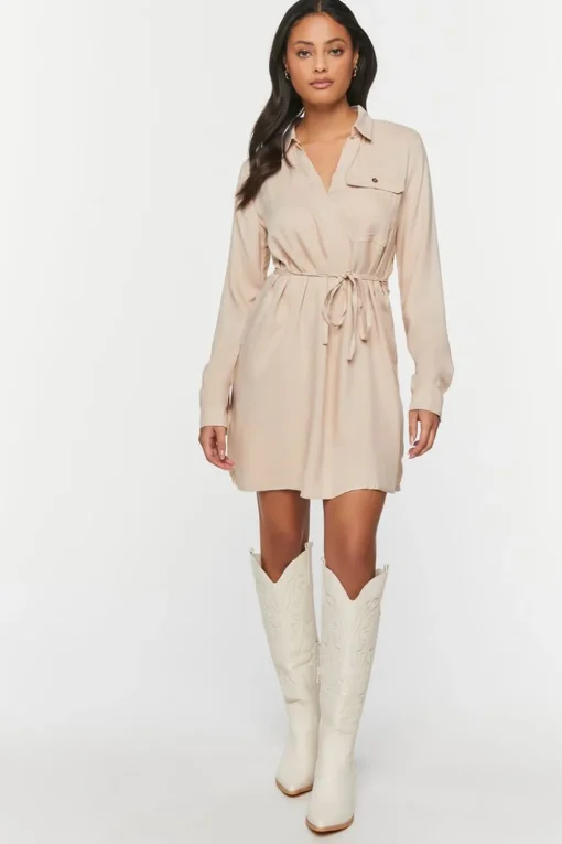 V-Neck Belted Shirt Dress