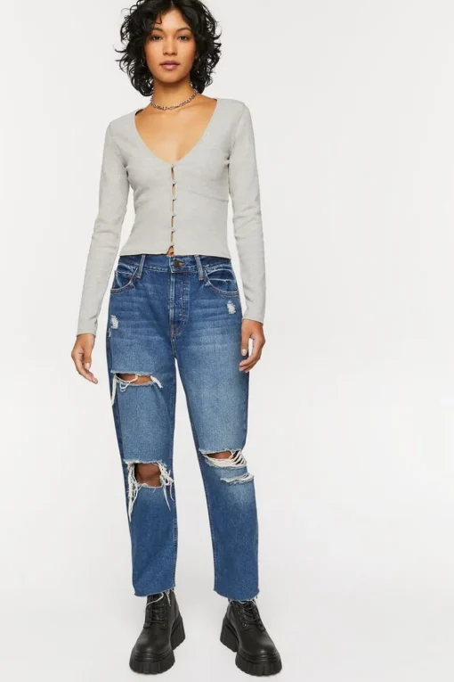 V-Neck Button-Front Crop Top