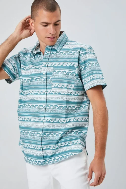 Wave Print Button-Front Shirt
