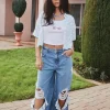 Wide-Leg Distressed Jeans