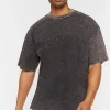 Woven Acid Wash Frayed Crew Neck Tee