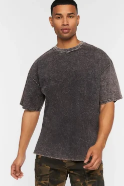 Woven Acid Wash Frayed Crew Neck Tee