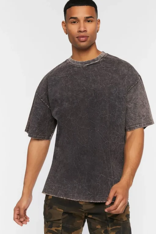 Woven Acid Wash Frayed Crew Neck Tee