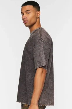 Woven Acid Wash Frayed Crew Neck Tee