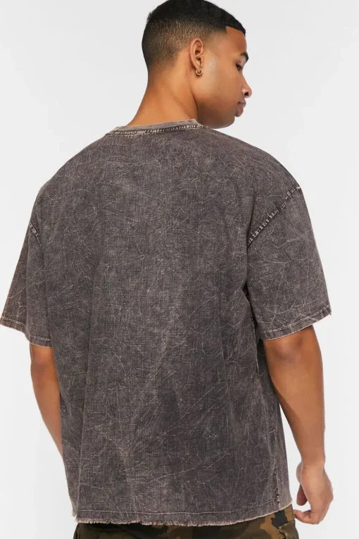 Woven Acid Wash Frayed Crew Neck Tee
