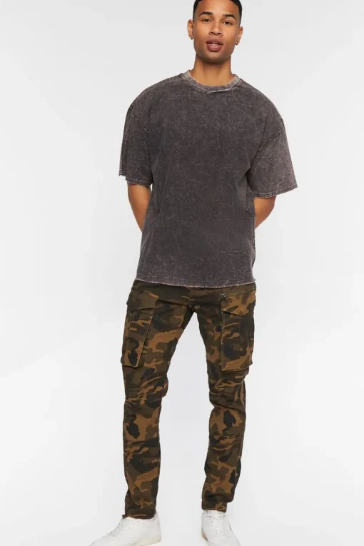 Woven Acid Wash Frayed Crew Neck Tee