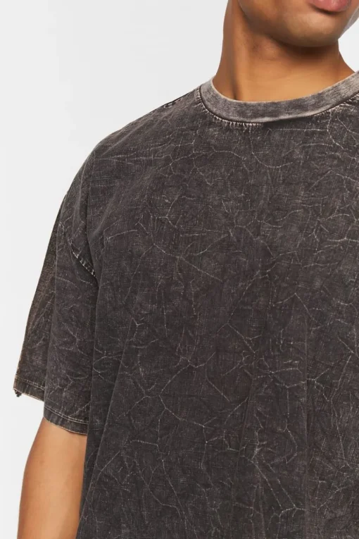 Woven Acid Wash Frayed Crew Neck Tee