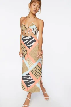 Zebra Patternblock Halter Midi Dress