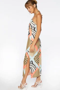 Zebra Patternblock Halter Midi Dress
