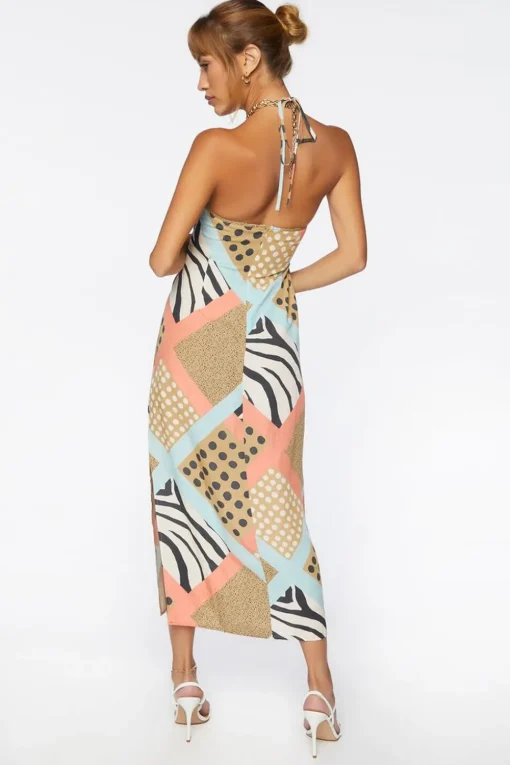 Zebra Patternblock Halter Midi Dress