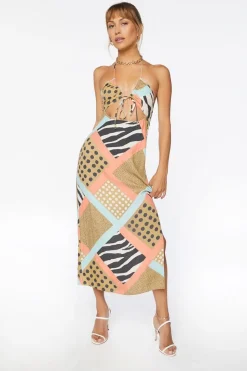 Zebra Patternblock Halter Midi Dress